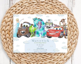 Disney Birthday Invitation, disney theme invite, monsters inc, toy story, cars theme party, elsa frozen, disney pixar party