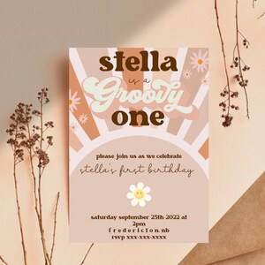 Groovy one birthday party invitation, first birthday template invite, digital editable invitation, templett