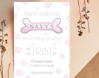 Pink Dog birthday party invitation, dog party, pawty invitation, paw print invite, puppy party invitation, dog bone invite, party for dog