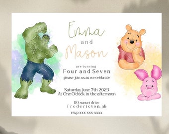 Hulk and winnie the pooh invitation. marvel and disney sibling invite, boy girl invitation. pooh bear and hulk invite, twin invitation