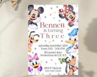 Disney Birthday Invitation, disney theme invite, disney birthday party, mickey mouse and friends birthday party, disney land party