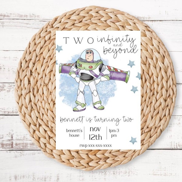 Buzz lightyear birthday invitation, toy story birthday invite, two infinity and beyond, Disney character birthday invite, instant download