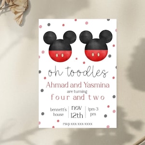 Mickey mouse inspired birthday invitation, twin sibling birthday invite, boy birthday invite Disney, oh toodles party