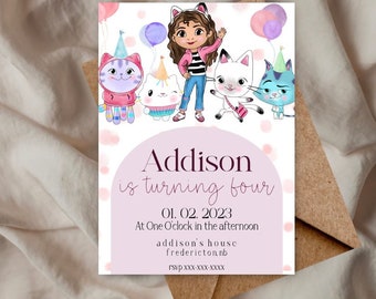 Gabby Dollhouse Birthday Invitation, Gabby's Dollhouse theme birthday party, digital editable gabby dollhouse invitation, instant download