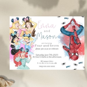 Spiderman und Disney Prinzessin Thema Geschwister Einladung, Zwillinge Junge Mädchen einladen, Wunder und Prinzessin einladen, Superheld und Prinzessin einladen