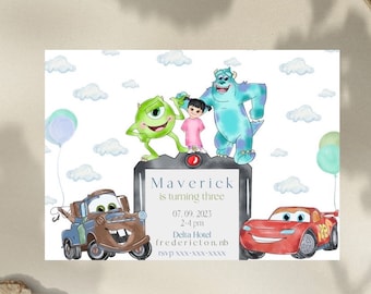 Disney Birthday Invitation, disney theme invite, monsters inc, cars theme party,  disney pixar party, monsters in cars invite