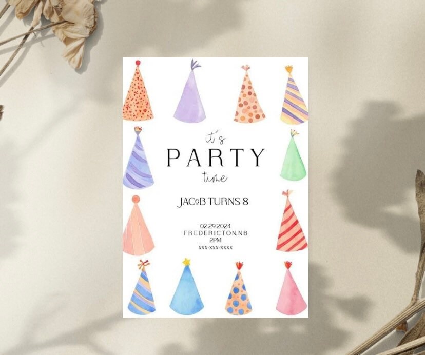 Party Hat Digital Birthday Invitation, Birthday Party Editable and