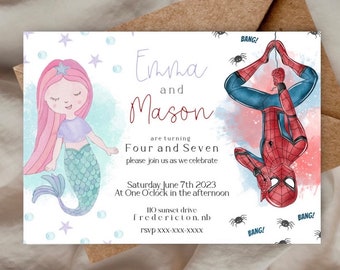 Spiderman and mermaid theme sibling invitation, twin boy girl invite, marvel and mermaid invite, super hero and mermaid invite