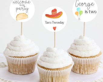 Taco Twosday birthday party, taco theme birthday party, taco twosday cupcake toppers, lets fiesta party theme, second birthday party