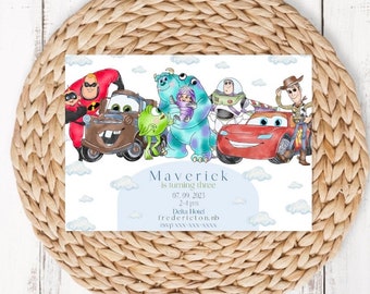 Disney Birthday Invitation, disney theme invite, monsters inc, toy story, cars theme party, the incredibles, disney pixar party