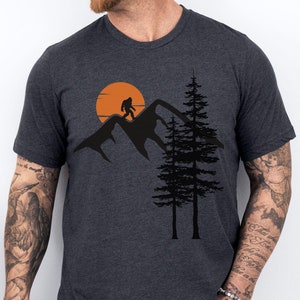Sunrise Nature T-Shirt, Men's Nature Shirt, Graphic Tee, Forest Graphic Tee, Camping Tee, Men's Outdoors Big Foot T-Shirt Environmental Gift Dark Grey Heather