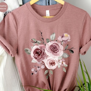 Floral Shirt Trendy Nature Spring Rose T Shirt Mother&#39;s Day Flower T-Shirt Gift Springtime Watercolor Pink Rose Wildflower Nature Lovers Top