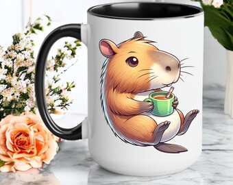 Capybara Lover Coffee Mug Coffee Lover Cute Capybara Gift Idea Funny Capybara Themed Woodland Animal Lover Mug, Capy Drinking Coffee