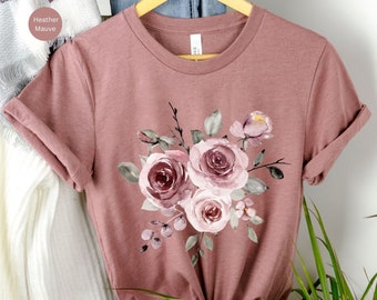 Floral Shirt Trendy Nature Spring Rose T Shirt Mother's Day Flower T-Shirt Gift Springtime Watercolor Pink Rose Wildflower Nature Lovers Top