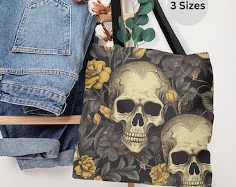 Skull Tote Bag Skull Lovers Gifts Gothic Tote Bag Skull Flowers Shoulder Bag, Cute Retro Skull Women Reusable Shopping Bags, Nostalgic Bags