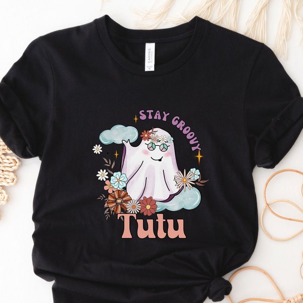 Tutu Halloween Retro T-Shirt Gift for Tutu Cute Ghost Stay Groovy Mimi Shirt Halloween Gigi Shirt Funny Halloween Tutu Party Tee Grandma Top