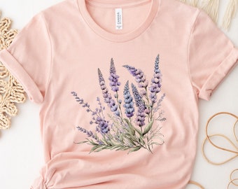 Lavender Floral Tshirt, Floral Gardener Shirt, Women Graphic Tee, Watercolor Flower Shirt, Cute Nature Lover Gift, Trendy Botanical Tee