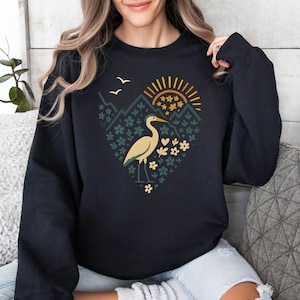 Great Blue Heron Bird Sweatshirt Bird Lover Shirt Wildlife Wetland Birds Granola Girl Antique Folk Art Gift Linocut Art Avian Aviary Gift