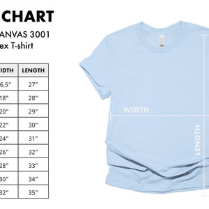 May include: Size chart for a Bella Canvas 3001 unisex t-shirt. The chart shows the width and length measurements in inches for sizes XS to 5XL.