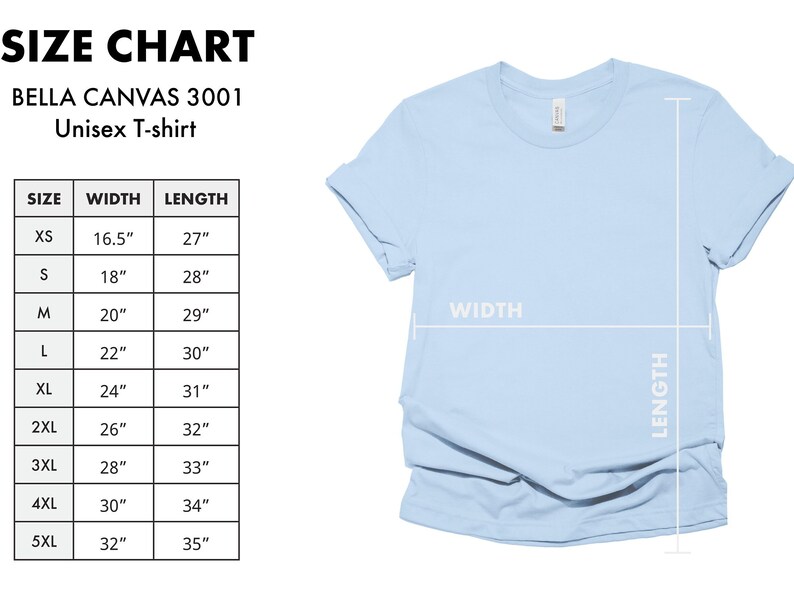 May include: Size chart for a Bella Canvas 3001 unisex t-shirt. The chart shows the width and length measurements in inches for sizes XS to 5XL.