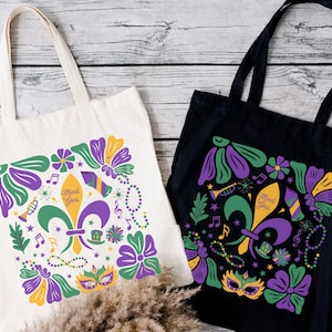 Mardi Gras Tote Bag, Carnival Bead Bag, Flur Dis Lis Purple Green Gold Tote,