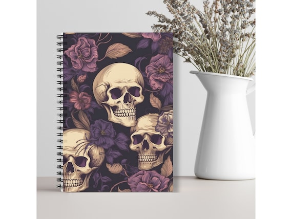 Skull Notebook Skulls and Flowers Gothic Notebooks Spiral Notebook Ruled Lines Purple Floral and Skull Gothic Image Notebook Journal