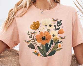 Birds and Flowers Shirt, Floral Bird Gifts, Flower Gift, Folk Art Scandi Art T Shirt, Cottagecore Bird Lover Gift, Wildflower Botanical Tee