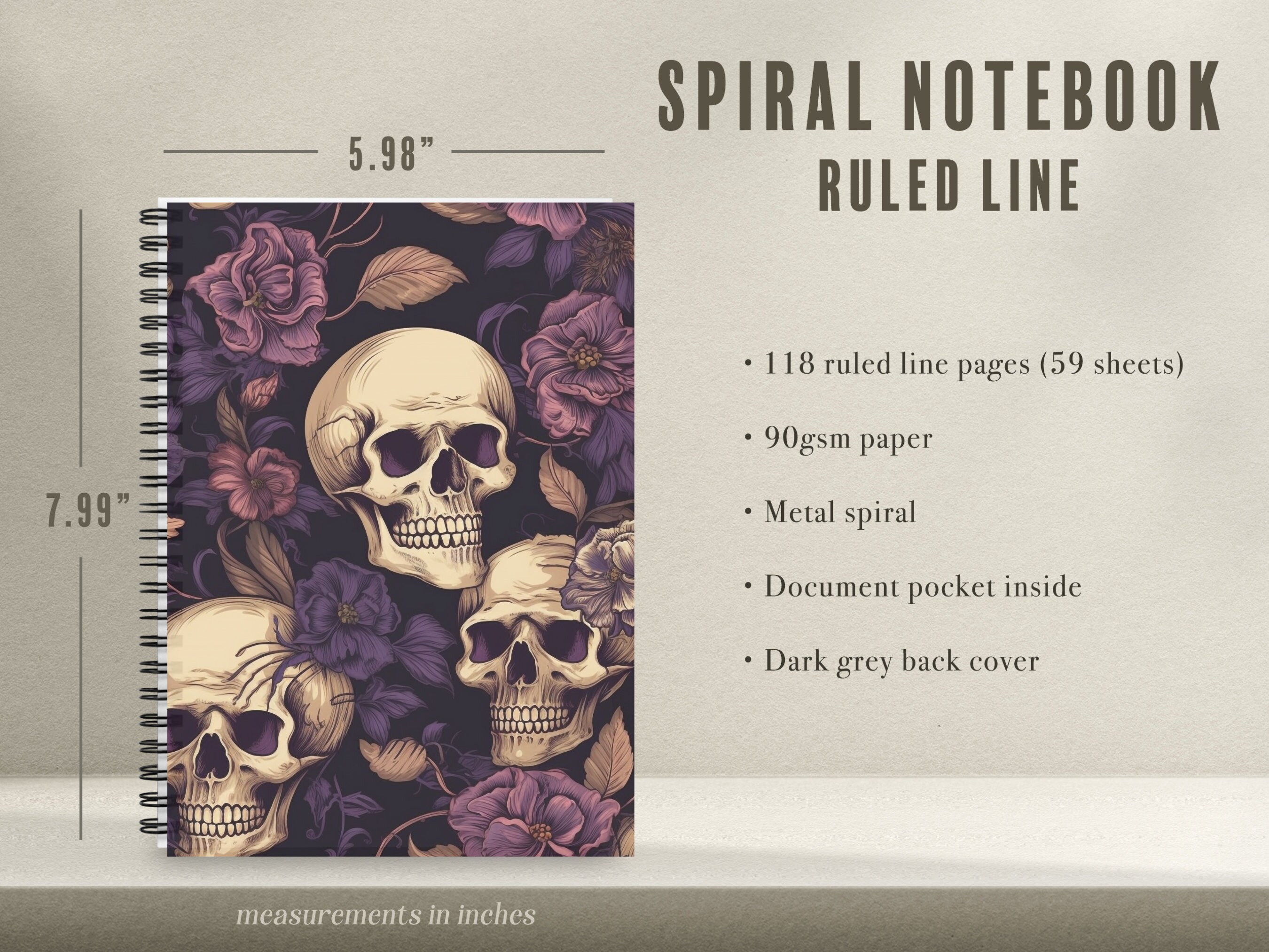 Skull Notebook Skulls and Flowers Gothic Notebooks Spiral Notebook ...