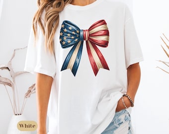 Comfort Colors® 4th of July Shirt, Coquette American Flag Shirt, USA Bow Shirt, 4th of July Tee, Women's Patriotic Shirt, Red White and Blue