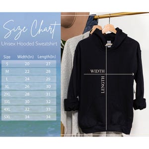 Peut inclure: Tableau des tailles pour un sweat &agrave; capuche unisexe. Le tableau indique la largeur et la longueur en pouces pour les tailles S &agrave; 5XL.