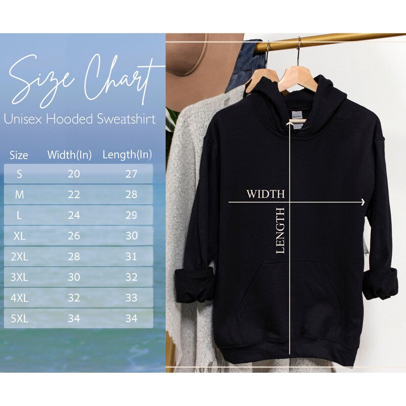 Peut inclure: Tableau des tailles pour un sweat &agrave; capuche unisexe. Le tableau indique la largeur et la longueur en pouces pour les tailles S &agrave; 5XL.