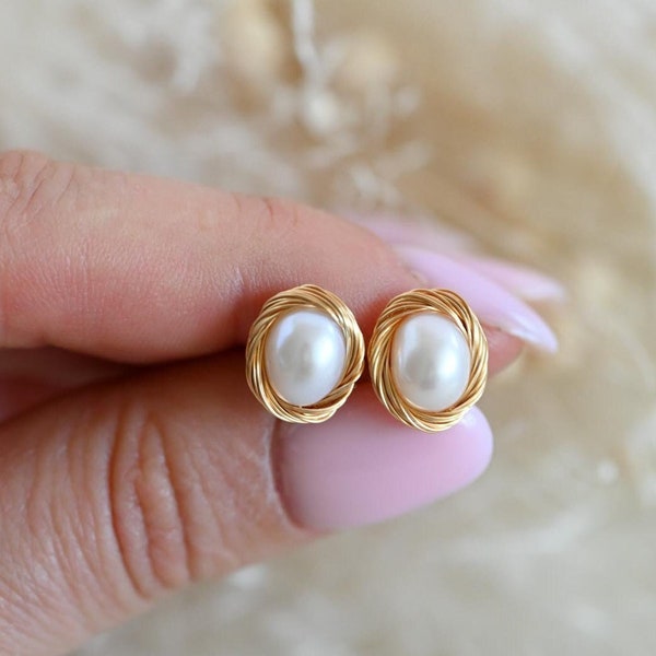 925 Sterling Silver 18K Gold Filled Handmade Pearl Earrings, Large Baroque Natural Pearl, Delicate Pearl Stud Earrings, Gift for Her