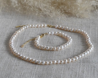 Schmuckset klassische Perlenkette aus natürlichen Süßwasserperlen und Armband, natürliche Perlen 6-7 mm, 925er Sterling Silber, 14K Gold