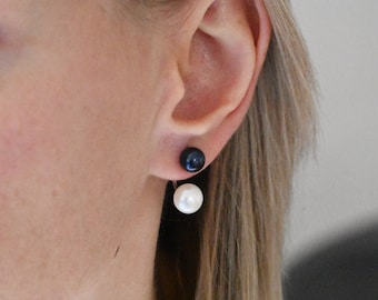 minimalist 925 sterling silver handmade pearl earrings, double pearl stud earrings white black pearls, natural freshwater pearls