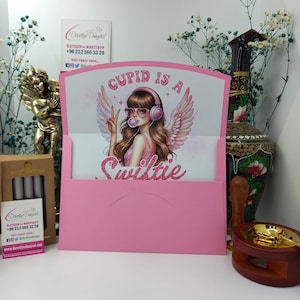 Envelope de convite com notas de amor de anjo rosa de dia dos namorados, convite de casamento romântico, papelaria de história de amor, porta-cartão de dia dos namorados, presente de coração
