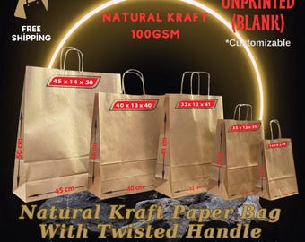 Naturalna torba papierowa typu kraft z uchwytem skręcanym - 100 g/m2, nadająca się do recyklingu, przyjazna dla środowiska, opakowanie na prezenty i zakupy na wesela, imprezy, do sprzedaży detalicznej