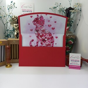 Enveloppe spéciale coeur rouge, fleurs et chat pour la Saint-Valentin, amour, ami - personnalisable, parfaite pour les célébrations