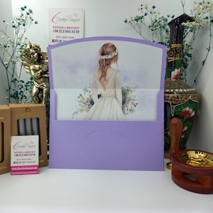 Lila Hochzeitseinladung Umschläge für Brautjungfern, Hochzeitsduschen, Partys, Veranstaltungen, personalisiertes Design für Hochzeiten, Bräute und Brautjungfern