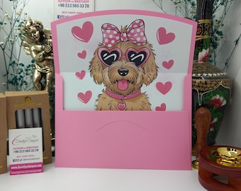 Valentine Pink Cute Dog Lover Envelope, Heart Invitation Envelopes, Love Notes, Custom Designed for Valentine's Day, Weddings,Parties,Events