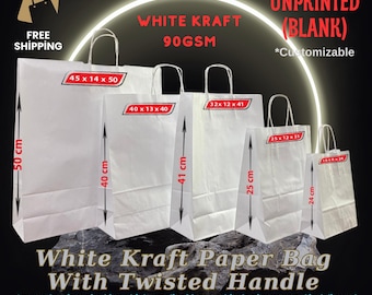 Biała torba typu kraft z uchwytem skręcanym - 90 g/m2, nadająca się do recyklingu, torba na prezenty i zakupy, ekologiczne opakowanie na imprezy, wesela i do użytku detalicznego