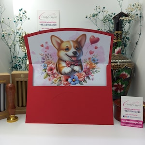 Rote Blumen & süßer Hund Valentinstag, Liebe, Freund, spezieller Design-Einladungsumschlag - Individuell, personalisierbar, Liebesumschläge
