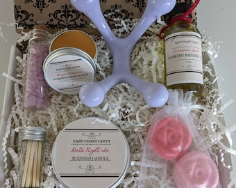 Personalized Massage Kit Valentine Gift with Massage Tool, Natural Muscle Rub, Massage Oil, Custom Bath Bombs, Beeswax Candle and Bath Salts