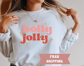 Holly Jolly Christmas Sweatshirt, Retro Holiday Sweatshirt Women, Retro Christmas Sweatshirt, Vintage Christmas Crewneck Sweatshirt