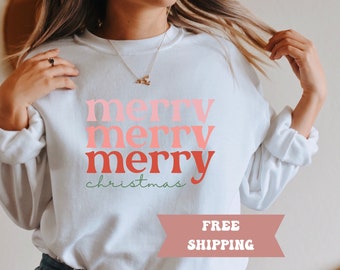 Merry Christmas Sweatshirt, Retro Holiday Crewneck for Women, Christmas Tree Holiday Sweatshirt, Family Matching Christmas Shirt Toddler