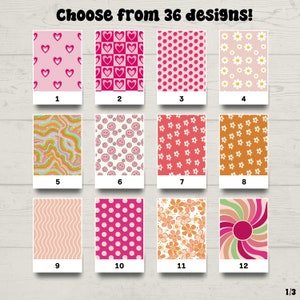 May include: A grid of 12 colorful patterned squares, each with a different design. The patterns include hearts, polka dots, flowers, smiley faces, and abstract designs. The squares are labeled with numbers 1 through 12. The text "Choose from 36 designs!" is at the top of the image. The text "1/3" is at the bottom of the image.