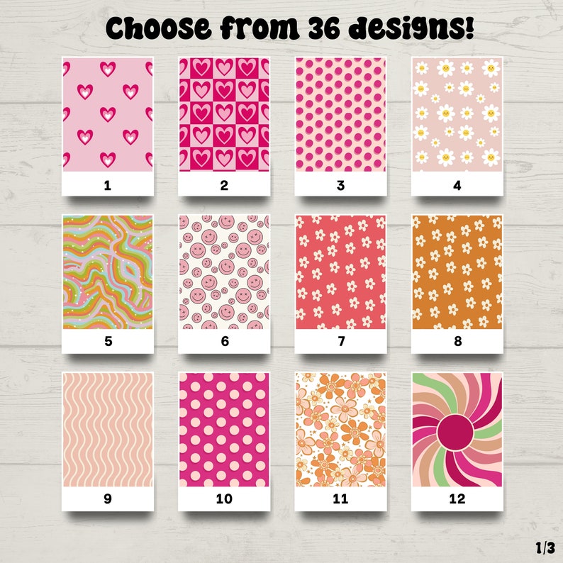 May include: A grid of 12 colorful patterned squares, each with a different design. The patterns include hearts, polka dots, flowers, smiley faces, and abstract designs. The squares are labeled with numbers 1 through 12. The text "Choose from 36 designs!" is at the top of the image. The text "1/3" is at the bottom of the image.
