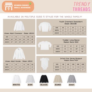 May include: A chart showing different sizes and styles of sweatshirts, hoodies, and bodysuits for the whole family. The chart includes Gildan 18000, Gildan 1800OB, Gildan 18500, Rabbit Skins 3302, and Rabbit Skins 4424. The chart also includes the measurements for each size in inches.