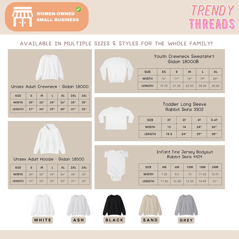 May include: A chart showing different sizes and styles of sweatshirts, hoodies, and bodysuits for the whole family. The chart includes Gildan 18000, Gildan 1800OB, Gildan 18500, Rabbit Skins 3302, and Rabbit Skins 4424. The chart also includes the measurements for each size in inches.