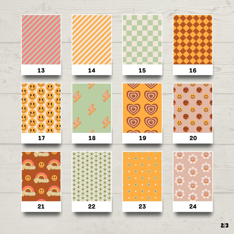 May include: A set of 12 digital paper patterns in a retro 70s style. The patterns include stripes, checkered, hearts, smiley faces, flowers, and lightning bolts. The colors are mostly yellow, orange, brown, pink, and green.