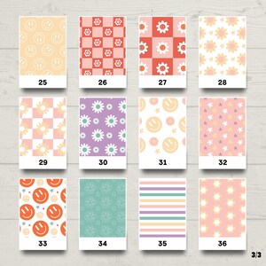 May include: A set of 12 digital paper designs featuring various patterns, including smiley faces, flowers, and checkered designs. The papers are in a variety of colors, including yellow, orange, red, pink, purple, green, and blue.